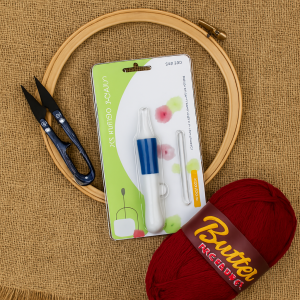 3D Embroidery Punch Needle Kit with 10 Inch Wooden Hoop, Jute Cloth (20×36 inch), Thread, Scissors & Tools – Complete Handcraft Embroidery Set (Maroon Yarn)