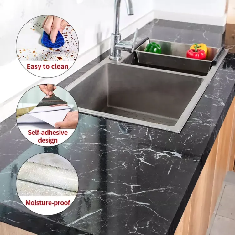 Self Adhesive Black Marble Sheet for Kitchen / Waterproof Anti Oil & Heat Resistant Wallpaper Sheet