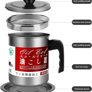 Oil Fryer Cookerwith Stainless Steel Fine Mesh with Lid Food Grade Iron Cooking Oil Filter Machine with Handle for Kitchen(1.4L)