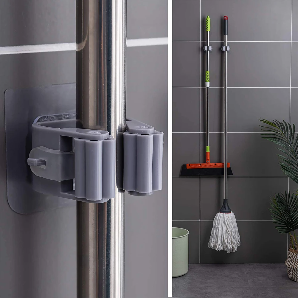 Pack of 3 Mop and Broom Self Adhesive Holder Wall Mount Magic Hanger Organizer Cleaning Tools Storage Mop Rack (Random Color)